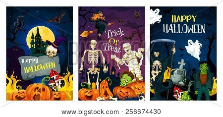 Halloween Holiday Horror Night Party Invitation Banner. Spooky Witch, Bat And Ghost, Skeleton, Pumpk