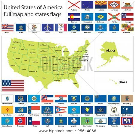 United States of America states flags collection with full map.