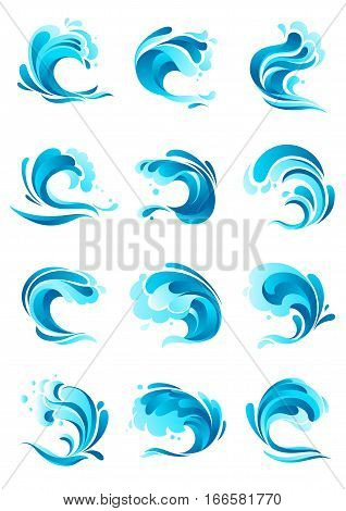 Waves vector isolated icons. Emblems set of ocean or sea blue waves, water splashes and wavy flows with surfing gales and tide water rollers, foamy stormy curls and stormy curling sea waves