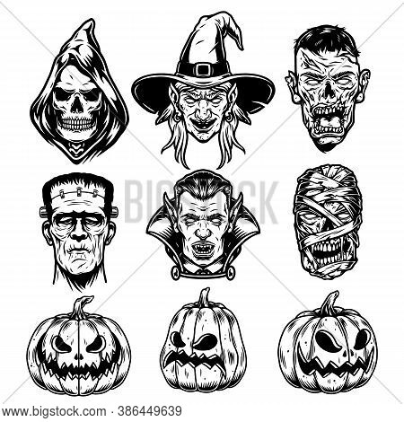 Halloween Characters Vintage Set With Grim Reaper Witch Zombie Frankenstein Vampire Mummy Heads And 