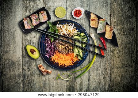 Top view composition of Bun bo nam bo vietnamese food in bowl