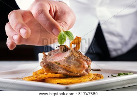 Chef in hotel or restaurant kitchen cooking, only hands.