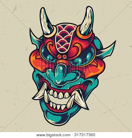 Vintage Colorful Devil Head With Horns And Fangs Isolated Vector Illustration