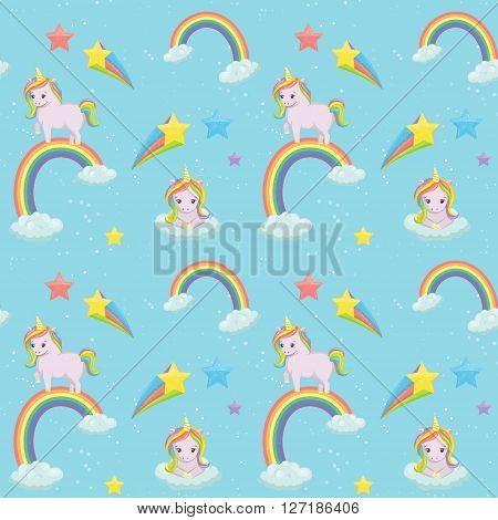 Adorable unicorn themed seamless vector pattern. Cute unicorns on the clouds rainbows comets and sparkling stars and elements on blue background.