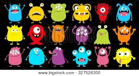 Monster Colorful Silhouette Super Big Icon Set. Happy Halloween. Eyes, Tongue, Tooth Fang, Hands Up.