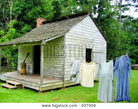 An old log cabin  and clothes line in the woods