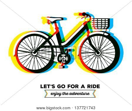 Vector illustration of colorful bicycle with basket and text let's go for a ride enjoy the adventure on white background. Bike adventure concept. Line art flat design of female bicycle riding on the bicycle and cycling theme