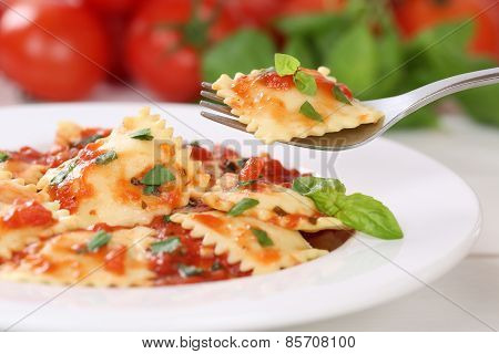 Eating Italian Pasta Ravioli With Tomato Sauce Noodles Meal