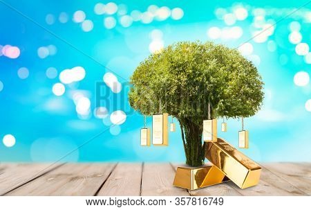 Saving Money And Loan For Business One Green Tree On Gold Bars With Growing Gold Bars On The Blue Bo