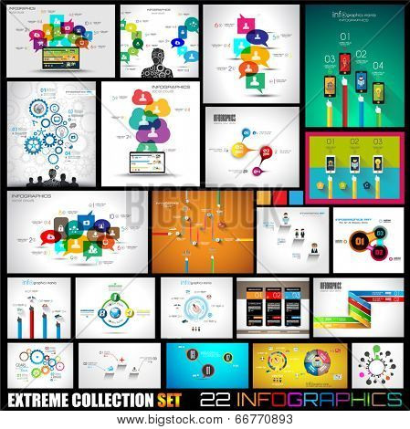 Collection of 22 Infographics for social media and clouds. Flat style UI design elements for your business projects, seo diagrams and solution ranking presentazions