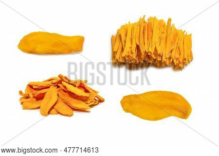 Dry Tasty Mango Slices Isolated On A White Background. Top View.