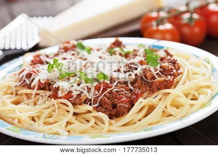 Italian pasta bolognese, spaghetti with ground beef and tomato sauce