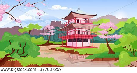 Japanese Pagoda And Fuji Mount Flat Color Vector Illustration. Traditional, Ancient Temples In Japan