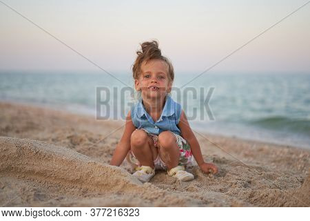 Child Playing Sand Beach Little Girl Play Sad Alone Summer Family Vacation Caucasian Female 3 Years 