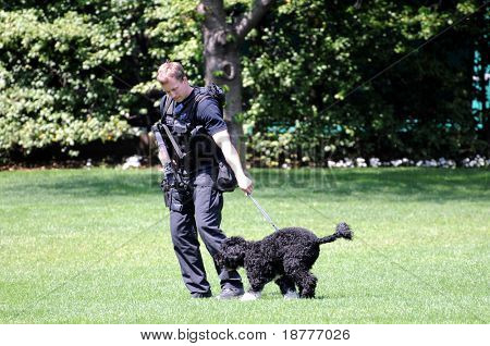 WASHINGTON - 24 April: Politieagent vangsten President Obama eerste hond Bo, die was ontsnapt en liep tow