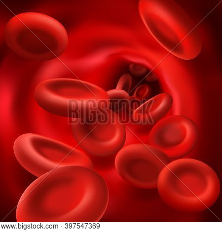 Red Cells In Blood Vessel, 3d Vector Hemoglobin, Hematology Medicine, Human Body Anatomy. Realistic 