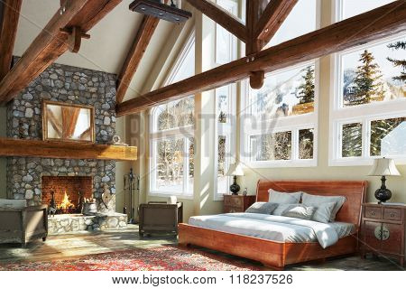 Luxurious open floor cabin interior bedroom design with roaring fireplace and winter scenic backgrou