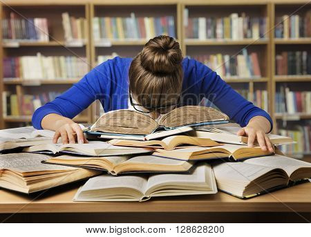 Student Studying Hard Exam and Sleeping on Books Tired Girl Read Difficult Book in Library