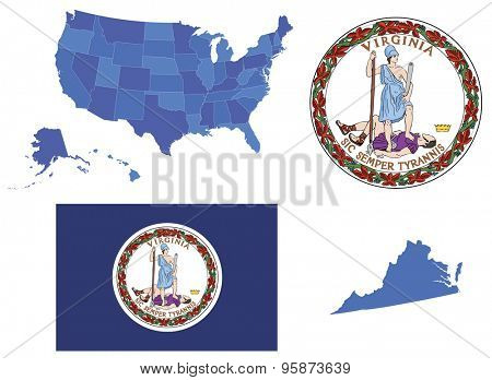 Vector Illustration of Virginia state, contains; High detailed map of USA High detailed flag of Virginia state High detailed great seal of state Virginia State Virginia, shape