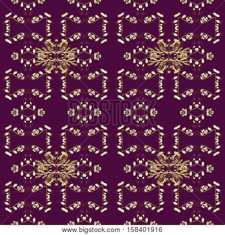 Gold-on-purple Seamless Indian Floral Pattern. Vector Illustration.