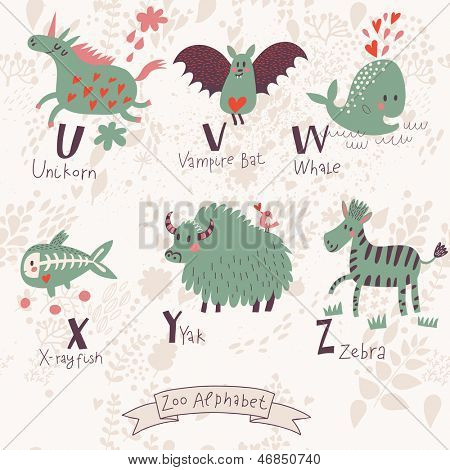 Cute zoo alphabet in vector. U, v, w, x, y, z letters. Funny animals in love. Unicorn, vampire bat, whale, x-ray fish yak, zebra