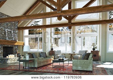 Luxurious open floor cabin interior family room design with candle lit stone fireplace and winter sc