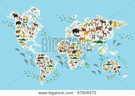 Cartoon animal world map for children and kids, Animals from all over the world, white continents an