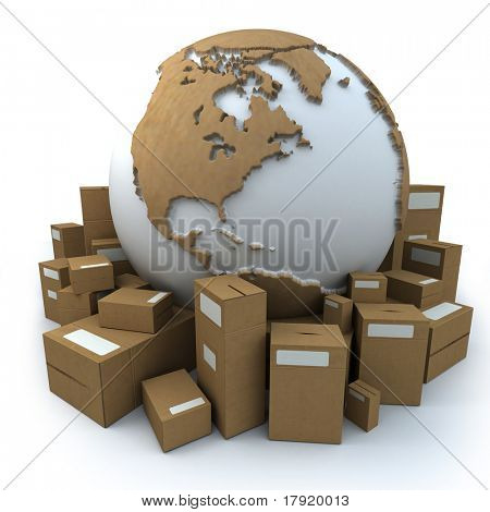 White and cardboard earth surrounded by big cardboard boxes