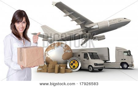 Happy young woman holding a box with a transportation related background