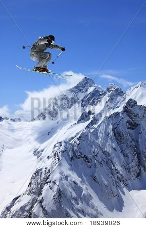 flying skier on mountains