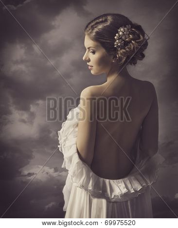 Woman Sensual Retro Portrait, Girl Naked Back, Elegant Artistic Vintage Style Makeup