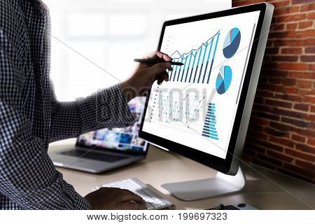 Statistics Analysis Business Data Diagram Growth Increase Marketing Concept , Digital Tablet And Gra