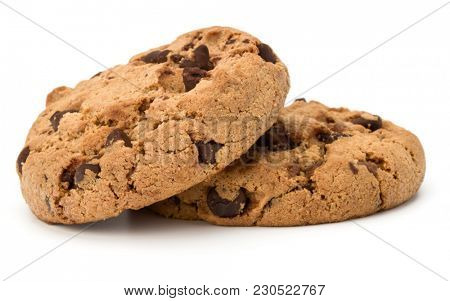 Two Chocolate chip cookies isolated on white background. Sweet biscuits. Homemade pastry.