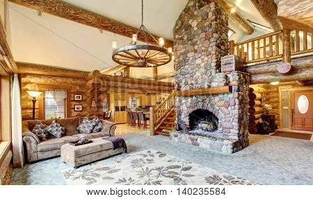 Bright Living Room Interior In American Log Cabin House.