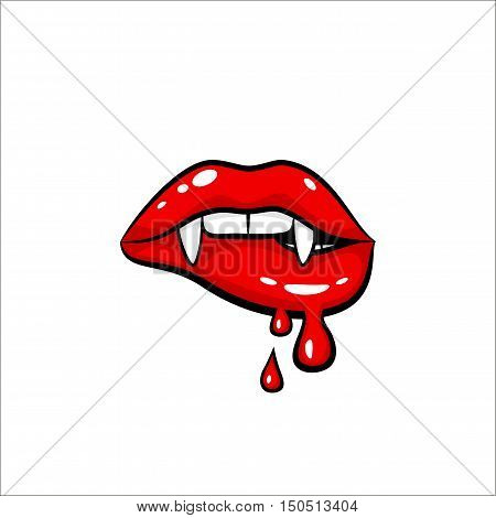 Sexy Red Vampire Woman Lips With Fangs And Dripping Blood Make Up. Vector Comic Illustration In Pop