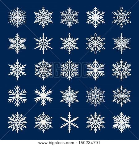 Cute snowflake collection isolated on blue background. Flat snow icons snow flakes silhouette. Nice snowflakes for christmas banner cards. New year snowflake. Organic and geometric snowflakes set.