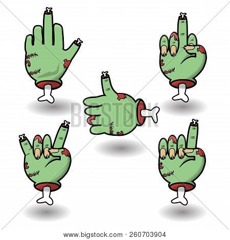 Severed Zombie Hand Gesture Set. Funny Cartoon Halloween Vector Sticker Pack. Collection Of Gestures