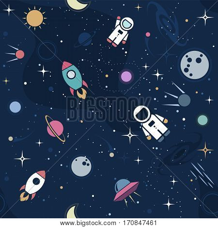 Vector flat space seamless pattern background. Cute color template with Astronaut Spaceship Rocket Moon Black Hole Stars in Outer space