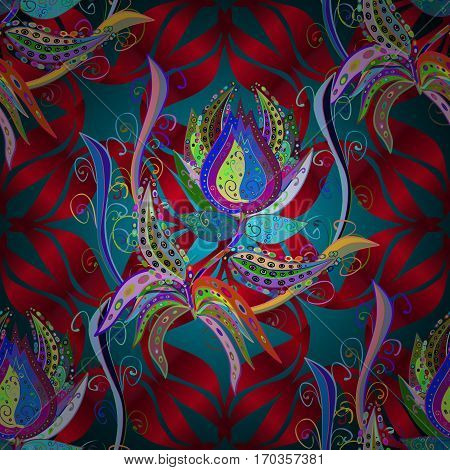 Red Gradient Doodle Flowers And Blue Pattern. Vector. Radial Gradient Shape.