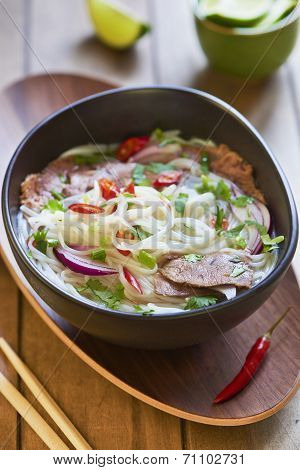 Vietnamese food, rice noodle soup with sliced beef