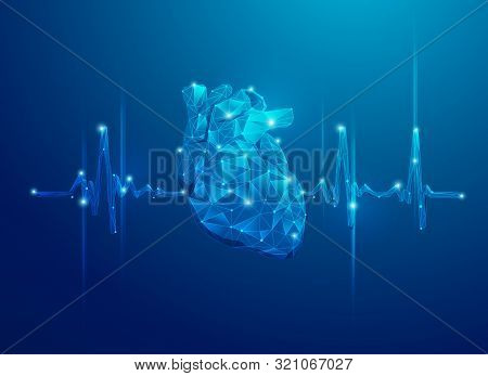 Concept Of Cardiology Or Healthcare Technology, Blue Polygon Heart With Heart Beat Pulse