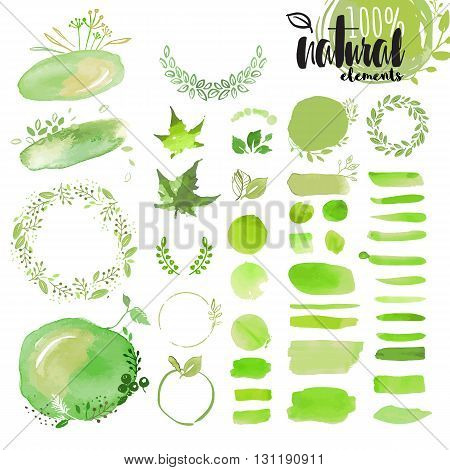 Set of hand drawn watercolor natural elements, brushes, wreathes, ribbons, frames, ornaments, pattern and background. Vector illustrations for graphic and web design, for natural and organic products, spa and cosmetics, environment.