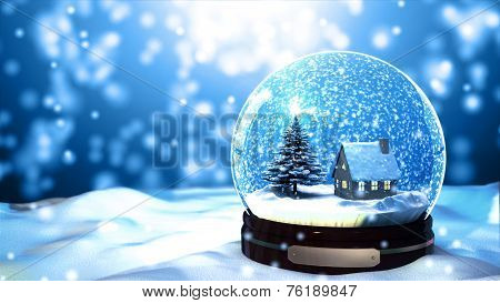 Christmas Snow Globe Snowflake With Snowfall On Blue Background