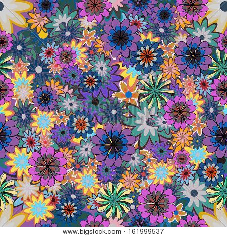 Summer Floral Garden Seamless Pattern. Vector. Blue.