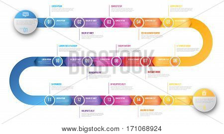 Colorful template business concept timeline arrows. Infographics layout with 15 steps, workflow history with diagram, presentation and graph