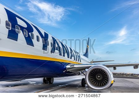 Spain, Alicante. 20 October 2018 - The Ryanair Plane (boing 737) Prepares For The Departure Of The A