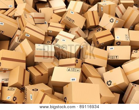 Stack of cardboard delivery boxes or parcels. Warehouse concept background. 3d