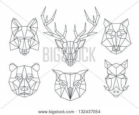 Low poly animals heads. Triangular thin line animals vector set. Animal geometric head, icon animal polygon, polygonal animal tattoo illustration