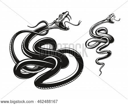 Angry Snake Tattoo, Rattlesnake Or Viper, Aggressive Serpent. Angry Vector Snake With Fangs And Tong