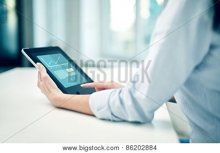 business, technology, statistics, progress and people concept - close up of woman with tablet pc computer showing growing charts at office or home